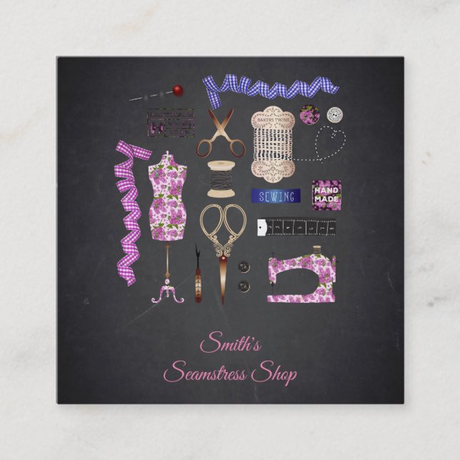 Vintage Blackboard Seamstress Square Business Card (Front)