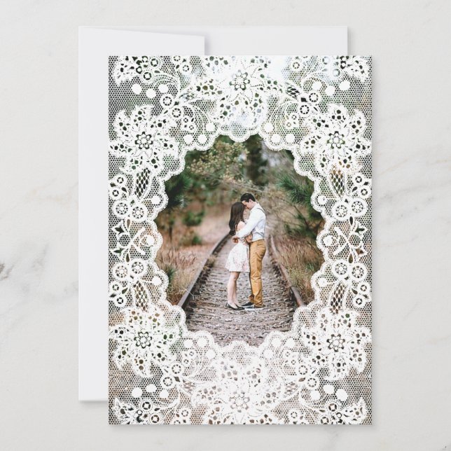 Vintage Blanc dentelle photo mariage invitations (Devant)