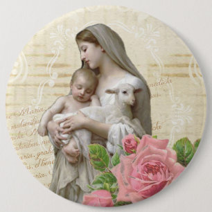 Vintage Blessed Virgin Mary Jesus Lamb Pink Rose 6 Inch Round Button