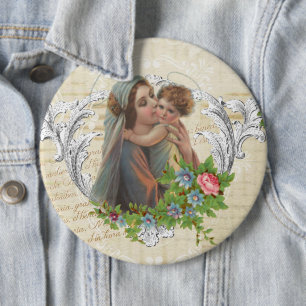 Vintage Blessed Virgin Mary Jesus Roses 6 Inch Round Button