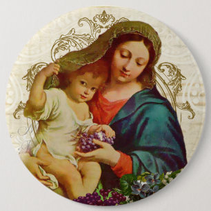 Vintage Blessed Virgin Mary with Jesus Grapes 6 Inch Round Button