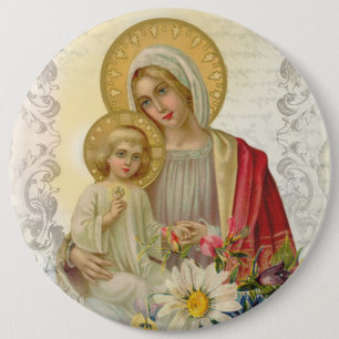 Vintage Blessed Virgin Mother Mary Jesus Floral 6 Inch Round Button