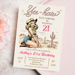 Vintage Blond Yee-haw Cowgirl 21st Birthday Invitation<br><div class="desc">Vintage Blond Yee-haw Cowgirl 21st Birthday Invitation

Fun cowgirl themed 21st birthday invitation for an adult featuring an old retro style blond cowgirl image,  desert landscape and rope like text in brown.  The age is fully editable so this template could be used for various ages.</div>
