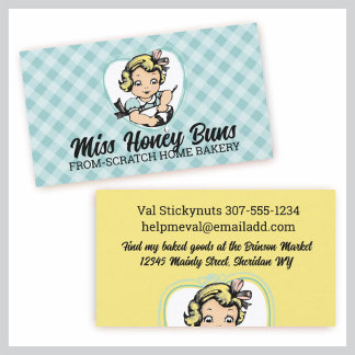 Vintage blonde girl stirring batter bakery cooking business card