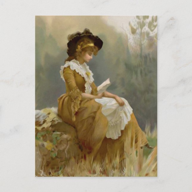 Vintage Blonde Lady Reading Postcard (Front)