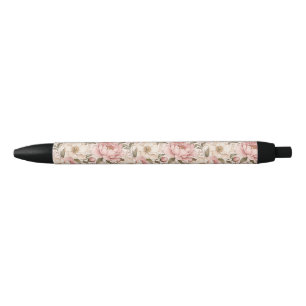 Vintage Blooming Peonies Pattern Black Ink Pen