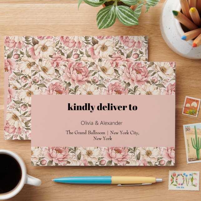 Vintage Blooming Peonies Pattern Envelope (Desk)
