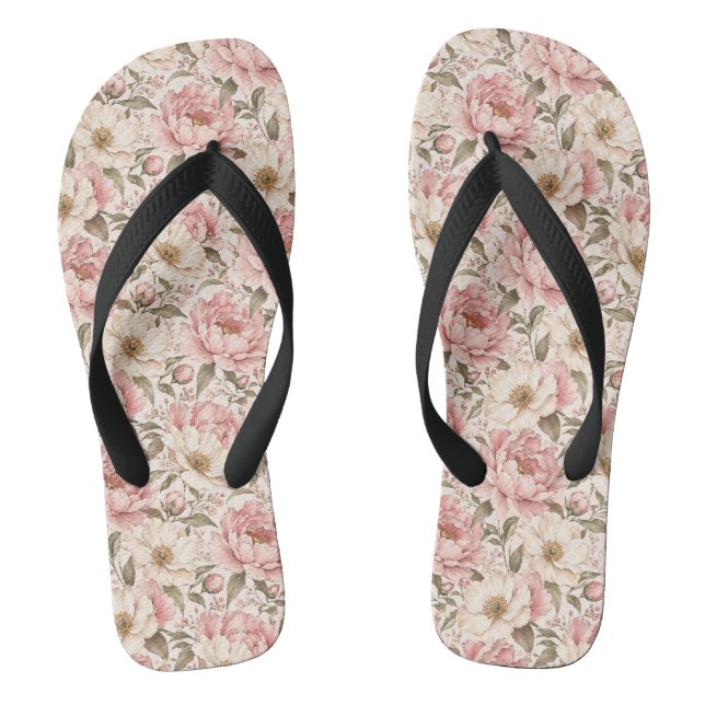 Vintage Blooming Peonies Pattern Flip Flops (Footbed)