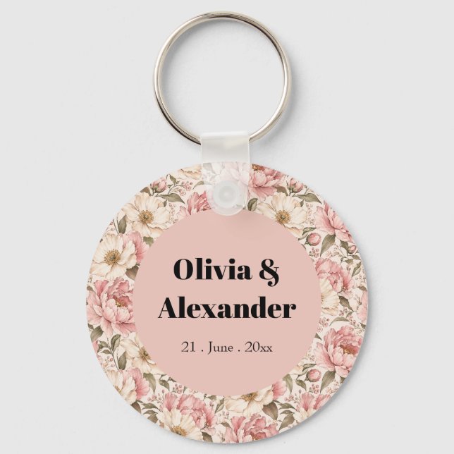 Vintage Blooming Peonies Pattern Keychain (Front)