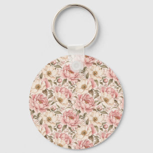 Vintage Blooming Peonies Pattern Keychain