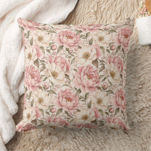Vintage Blooming Peonies Pattern Throw Pillow