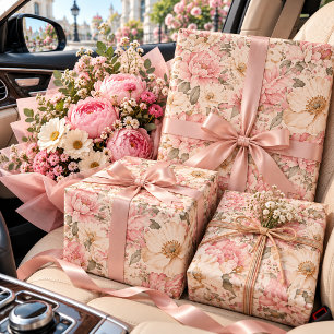Vintage Blooming Peonies Pattern Wrapping Paper