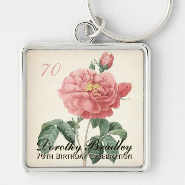 Vintage Blooming Rose 70th Birthday celebration SK Keychain (Front)
