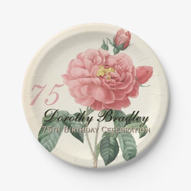 Vintage Blooming Rose 75th Birthday Party PP Paper Plate (Front)