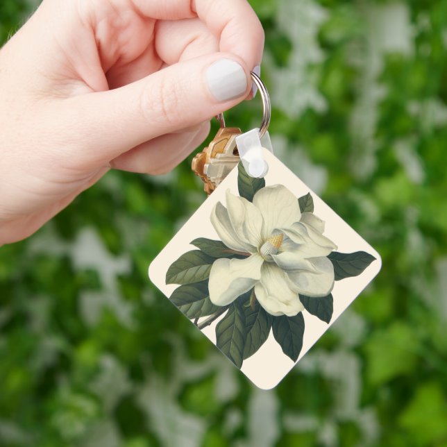 Vintage Blooming White Magnolia Blossom Flowers Keychain (Hand)