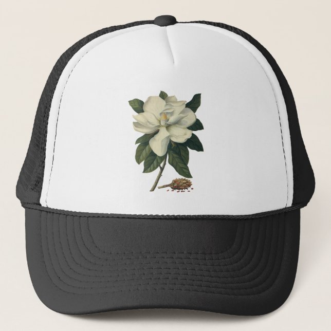 Vintage Blooming White Magnolia Blossom Flowers Trucker Hat (Front)