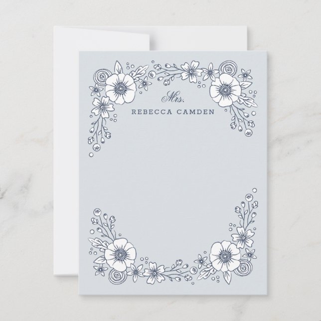 Vintage Blooms Floral Stationery Card - Blue (Front)