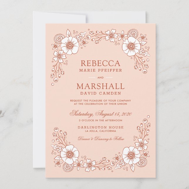 Vintage Blooms Floral Wedding Invitation - Orange (Front)