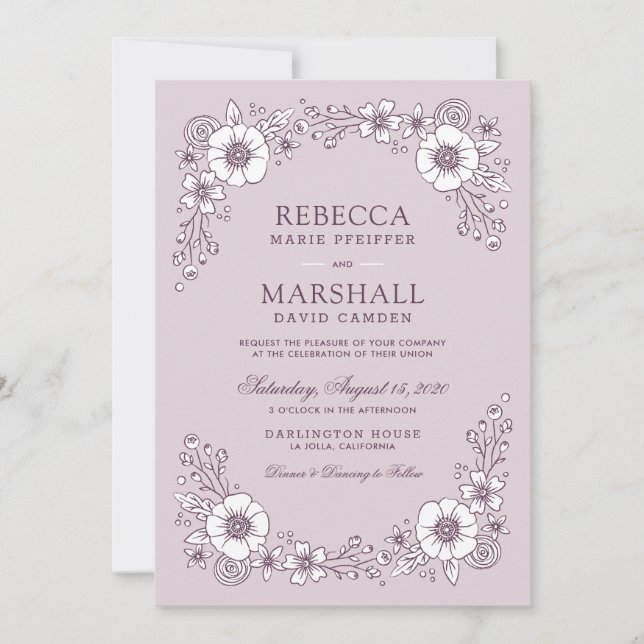 Vintage Blooms Floral Wedding Invitation - Purple (Front)