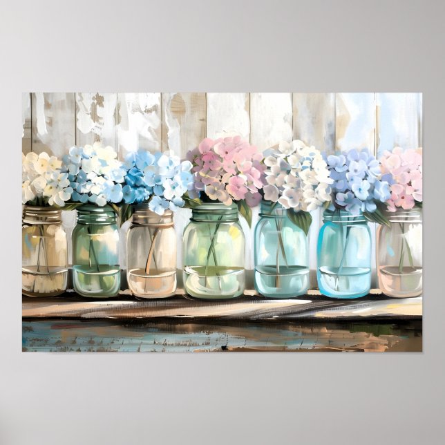 Vintage Blossom Hydrangea Mason Jars Poster (Front)