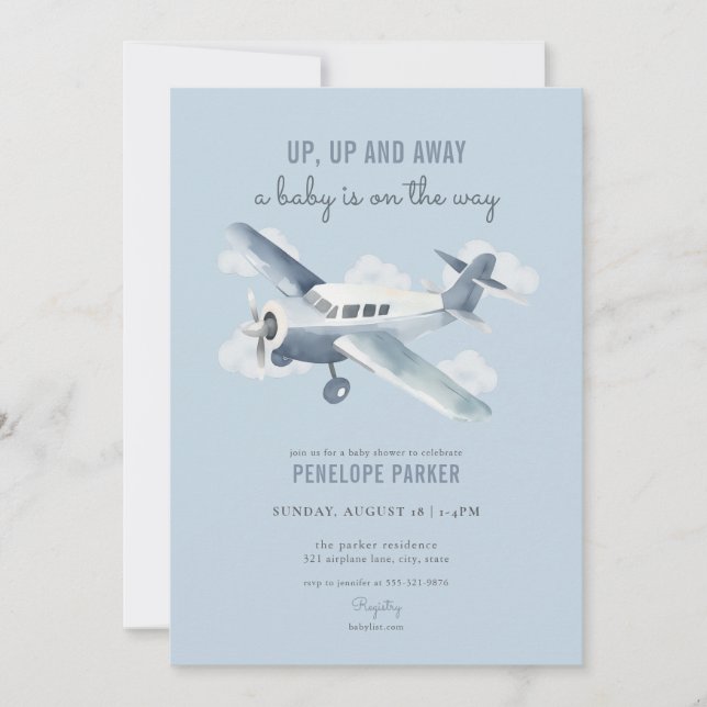 Vintage Blue Airplane Baby Shower Invitation (Front)