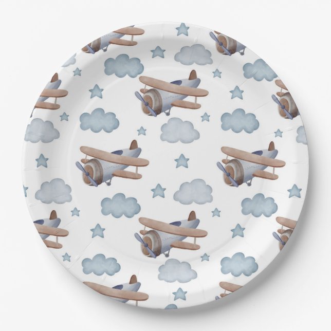 Vintage Blue Airplane Pilot Birthday Party Paper Plate (Front)
