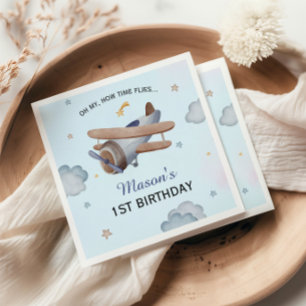 Vintage Blue Airplane Sky 1st Birthday Party Napkin