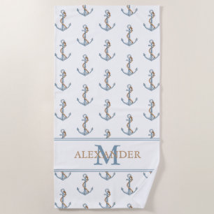 Vintage Blue Anchor With Rope Monogram Beach Towel
