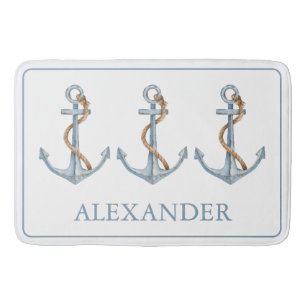 Vintage Blue Anchor With Rope Personalized Bath Mat
