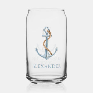 Vintage Blue Anchor With Rope Personalized Can Glass