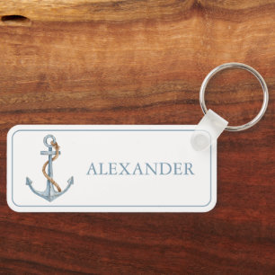Vintage Blue Anchor With Rope Personalized Keychain