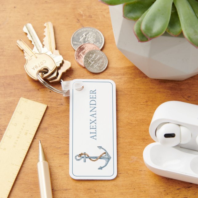 Vintage Blue Anchor With Rope Personalized Keychain (Desk)