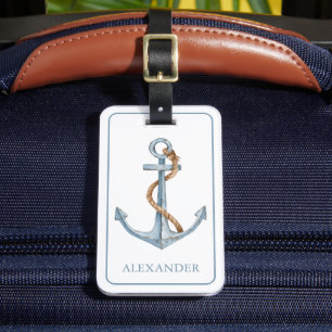Vintage Blue Anchor With Rope Personalized Luggage Tag