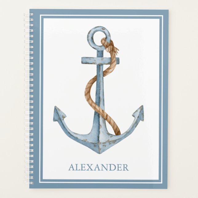 Vintage Blue Anchor With Rope Personalized Planner (Front)