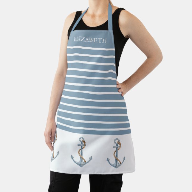 Vintage Blue Anchors on Stripes Personalized Apron (Insitu)