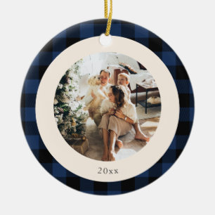 Vintage Blue and Black Buffalo Plaid Custom Photo Ceramic Ornament