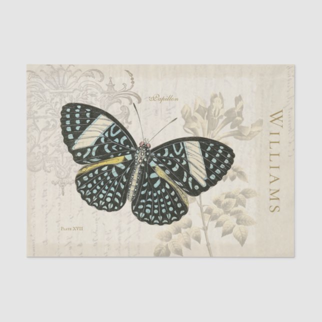 Vintage Blue and Black Butterfly Tissue Paper (Front)