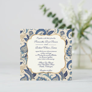 Vintage Blue and Cream Floral Damask Wedding Invitation