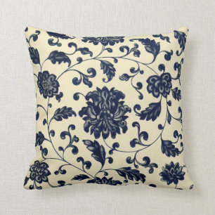 Vintage Blue and Cream Floral Pattern Throw Pillow