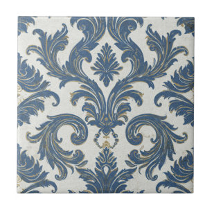 Vintage Blue and Gold Baroque Damask Tile