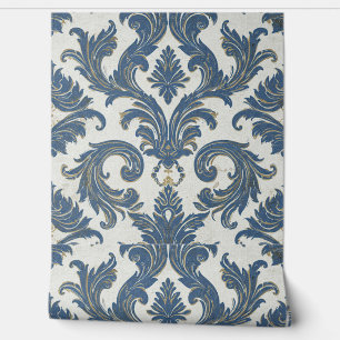 Vintage Blue and Gold Baroque Damask Wallpaper