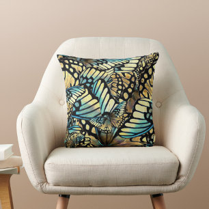 Vintage Blue and Gold Butterfly Wing Collage Throw Pillow