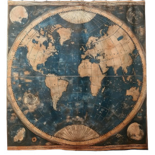Vintage Blue and Gold Double Hemisphere World Map