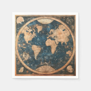 Vintage Blue and Gold Double Hemisphere World Map Napkin