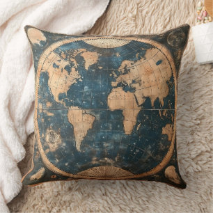 Vintage Blue and Gold Double Hemisphere World Map Throw Pillow