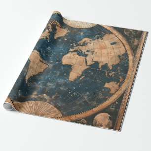 Vintage Blue and Gold Double Hemisphere World Map Wrapping Paper