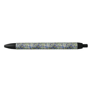 Vintage Blue and Gold Floral Pattern Black Ink Pen