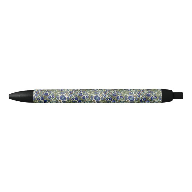 Vintage Blue and Gold Floral Pattern Black Ink Pen (Front)