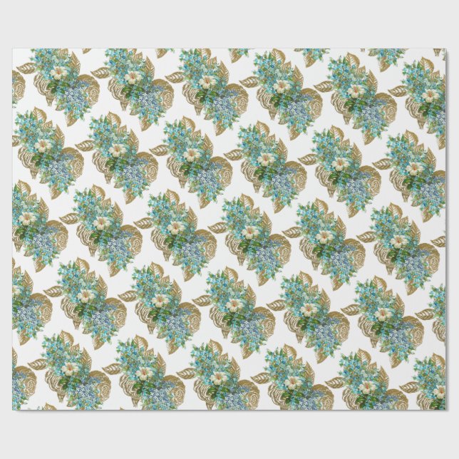 Vintage Blue and Gold Floral Wrapping Paper (Flat)