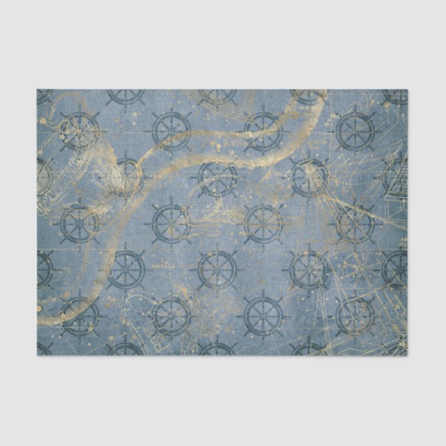 Vintage Blue and Gold Nautical Tissue Paper (Front)